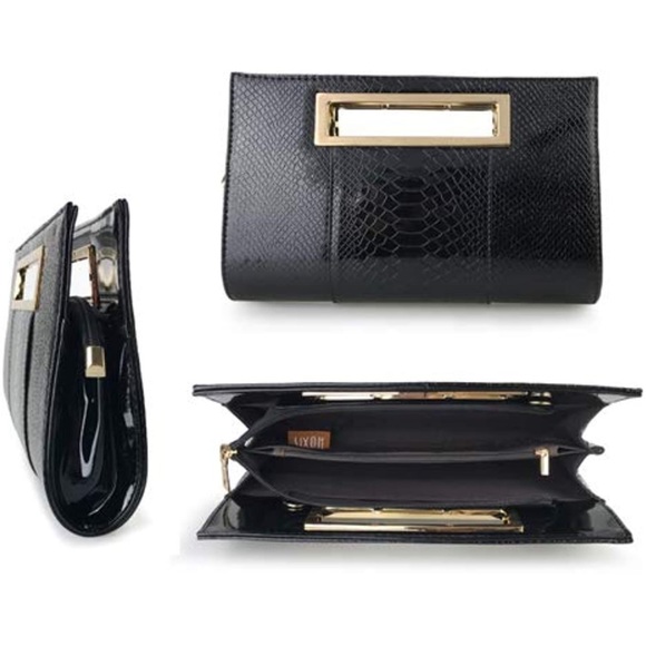 Classic Crocodile Pattern Faux Leather Metal Grip Clutch with Shoulder Strap - Picture 3 of 5